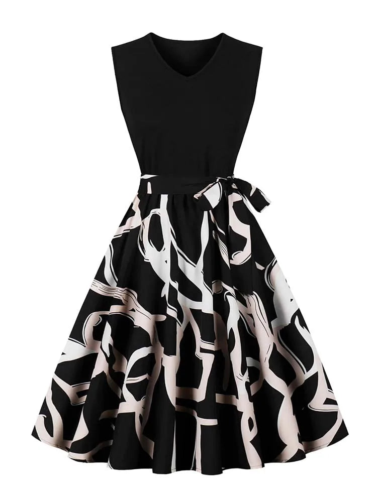 Retro Vintage Women's Summer Dress V-Neck Sleeveless High Waist Chic Floral Print with Belt 50s Style