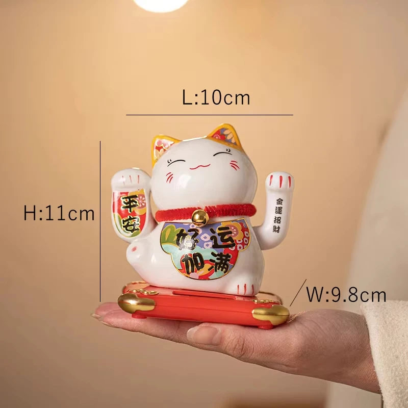 4.3 Inch Solar Powered Waving Ceramic Maneki-neko Lucky Beckoning Cat for Wealth Fortune, Home Office Decor, Gift for Prosperity