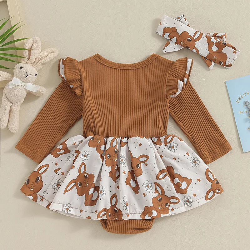Toddler Easter Dress Short Sleeve Floral Print A-line Romper with Bunny Ear Headband Set for Baby Girls Spring Outfit