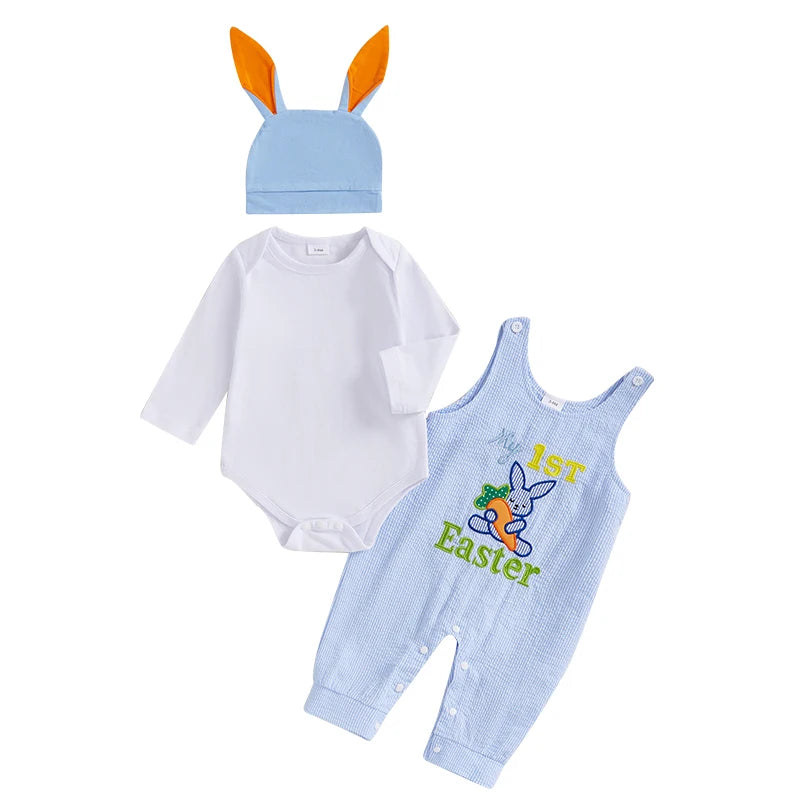 Toddler Girl Easter Dress Floral Print Ruffle Sleeve Romper Bunny Embroidery Skirt Headband 3 Piece Spring Set for Baby Girl