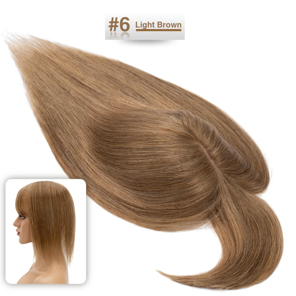 S-noilite Women Toppers Hair With Bangs Human Hair 7x13cm Silk Base Hair Cilp Wig Clip In Hair Extensions Hairpiece Natutal Hair
