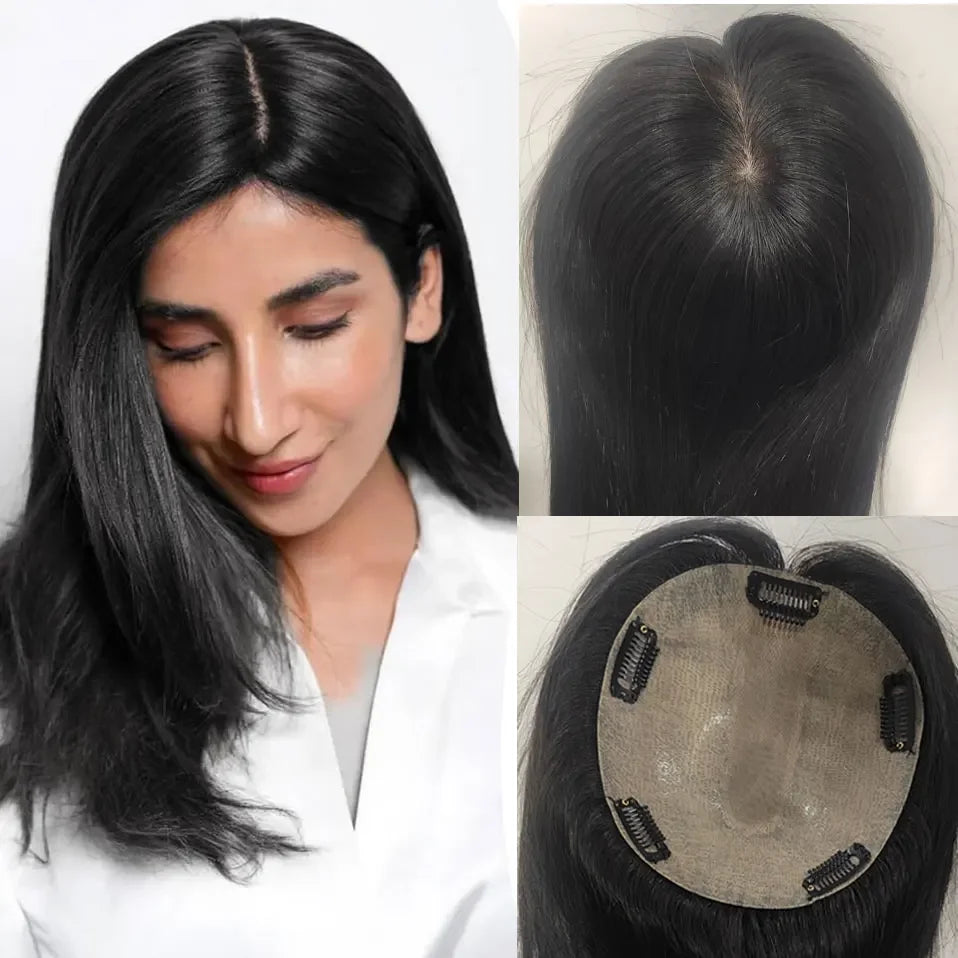 S-noilite 15x16cm Silk Top Hair Toppers Human Hair Silk Base Scalp Topper Wigs 5 Clips In Hair Extension Natutal Hair Piece
