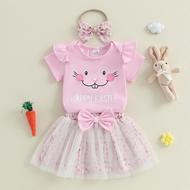 Adorable Baby Girl Easter Outfits with Bunny Print Romper Skirt and Headband - 3 Piece Clothing Set for Spring Celebrations
