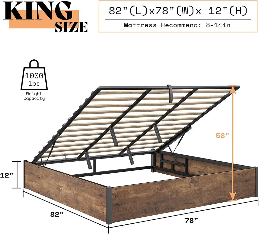 Lift Up Storage Bed, Queen Bed Frame with Storage Underneath, Wooden Platform Bed Frame, Solid Wood Slats Support