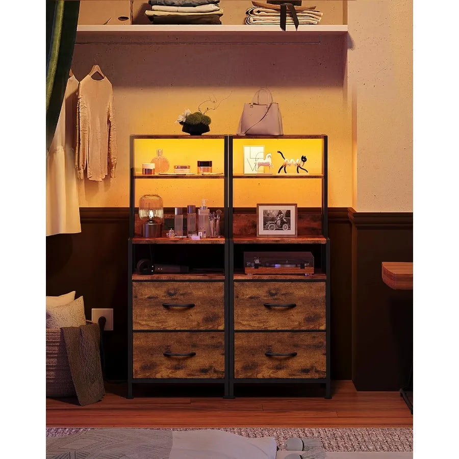 Nightstand Set of 2 with Charging Station LED Night Stand Sets with 2 Drawers and 4 Storage Open Shelves Fabric Dressers