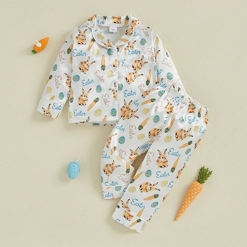 Children s Easter Pajama Set Adorable Bunny and Carrot Print Pajamas with Long Sleeve Top and Matching Pants for Boys