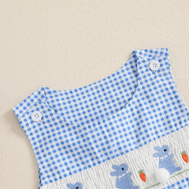 Adorable Toddler Girls Easter Outfits Bunny Print Sleeveless Rompers Plaid Overalls Jumpsuits with Carrot Embroidery