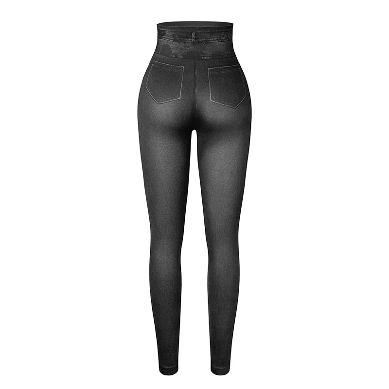 Push Up Seamless High Waist Faux Denim Leggings Women Casual Elastic Pocket Jeans Print Pants Skinny Pencil Leggins Mujer