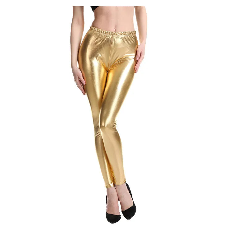 Womens Metallic Color PU Leggings Faux Leather Slim Fit Ladies Legging Dancing Party Pants Sexy Night Club Skinny Tight Trousers