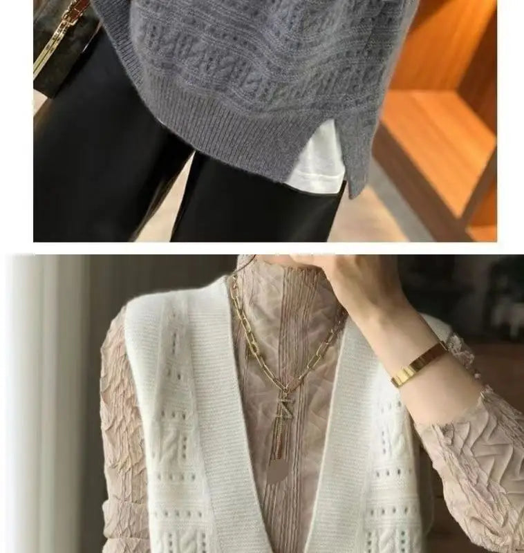 V-Neck Hollowed Out 100% Wool Knitted Vest For Women In AutumnWinter Loose Solid Color Korean Fashion Pullover Sweater Vest Top