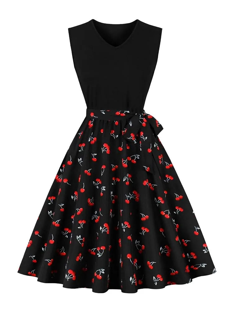 Retro Vintage Women's Summer Dress V-Neck Sleeveless High Waist Chic Floral Print with Belt 50s Style