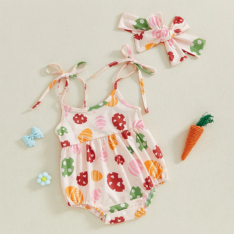 Toddler Girls Spring Floral Print Sleeveless Romper with Matching Headband Set for Easter Celebration and Playdates