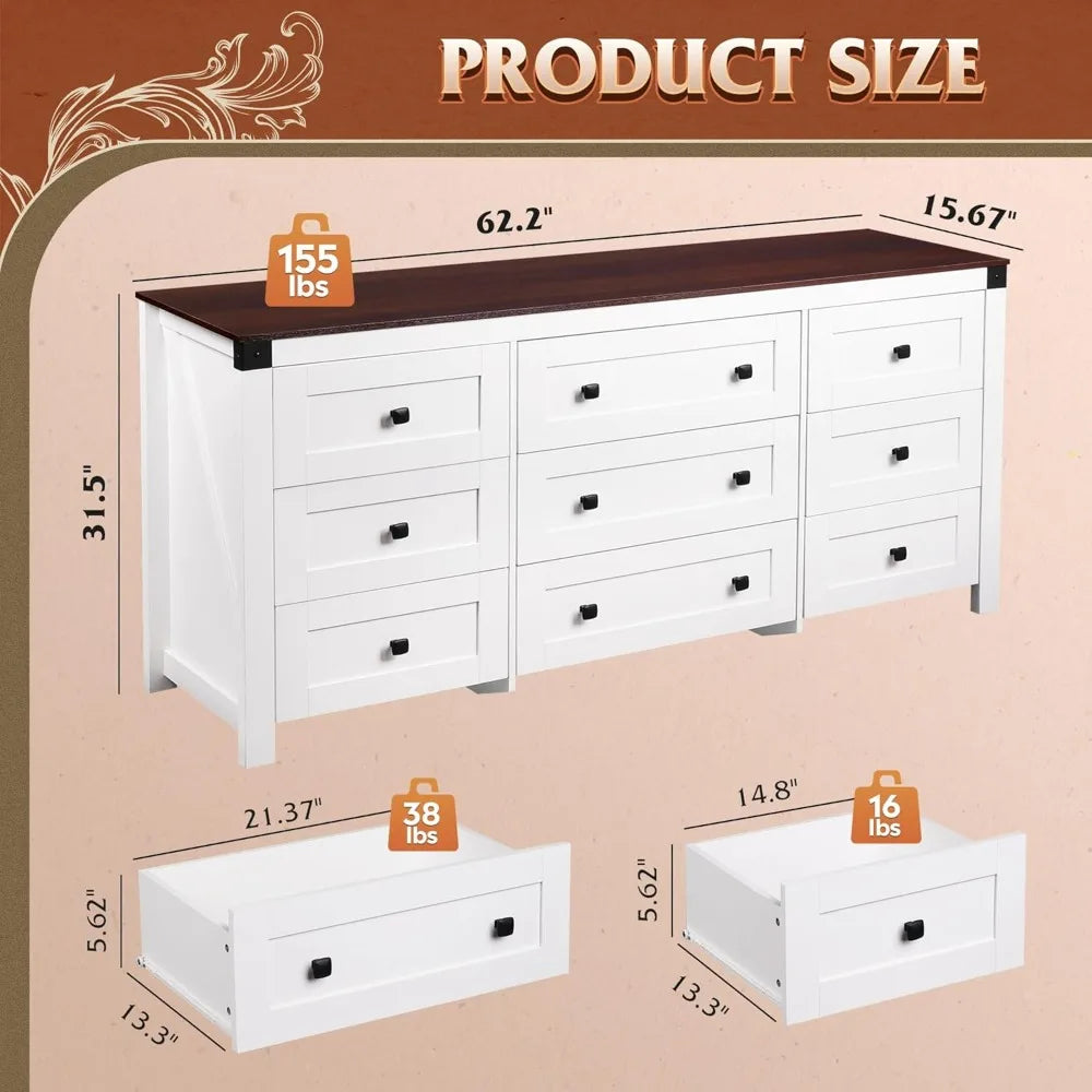 Farmhouse Dresser for Bedroom, 63" Wide 9 Drawer Dresser Storage Organizer, Wood Chest of Drawers for Bedroom, TV Stand