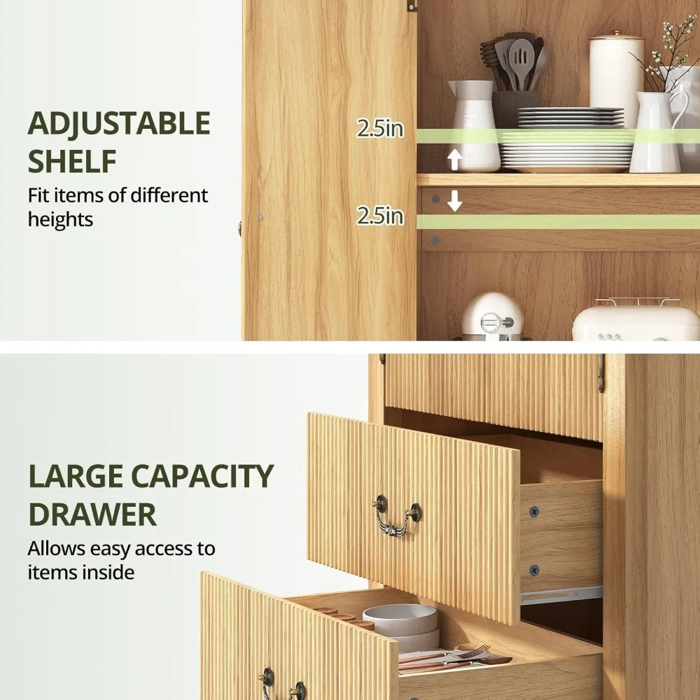 Fluted Arched Cabinet with Doors, Wood Pantry Storage Cabinet with Large Drawers, Modern Versatile Bookcase ,Customized
