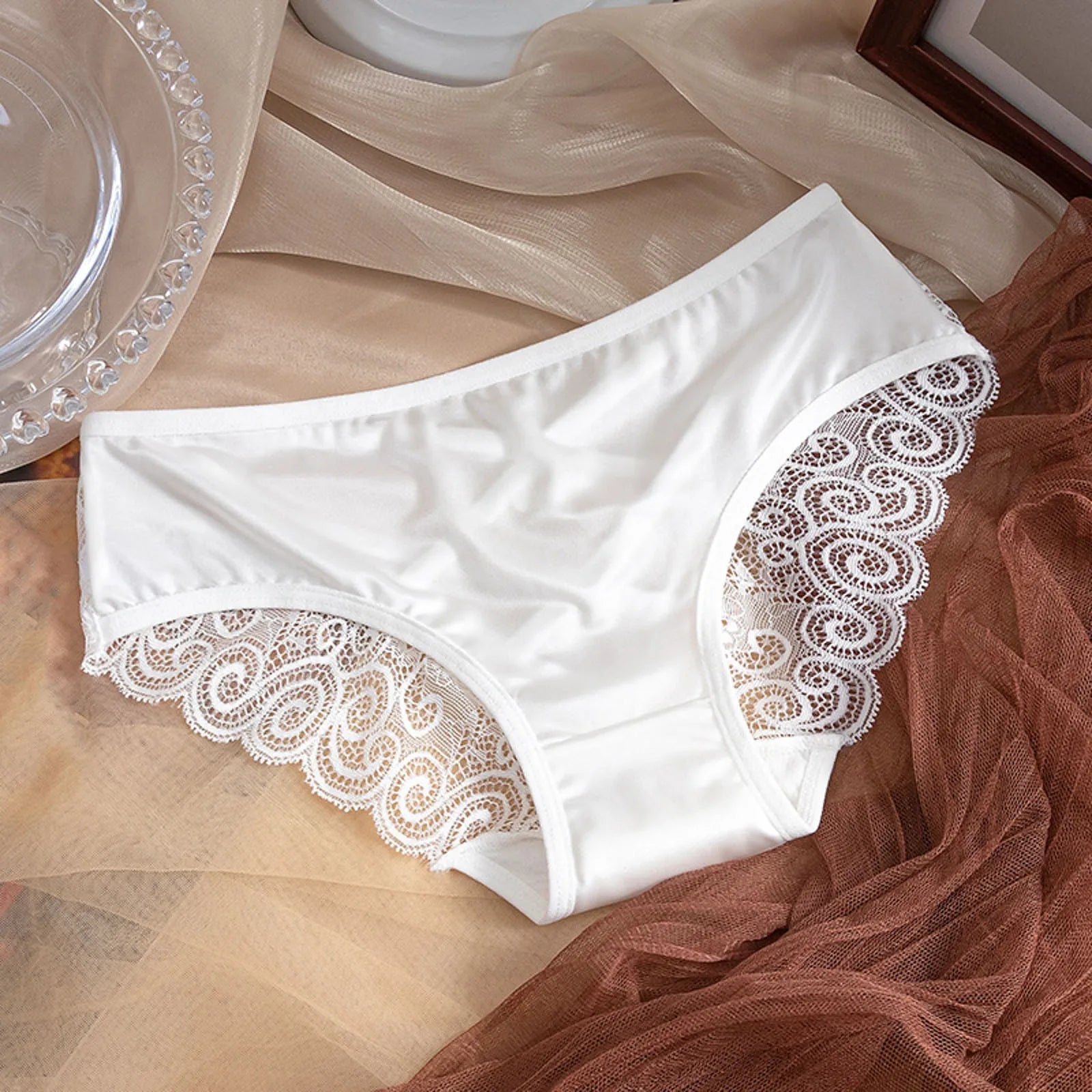Yellow Women's Panties Silk Satin Underwear Lace Sexy Lingerie Breathable Mid Waist Female Briefs Comfortable Panty Underpants