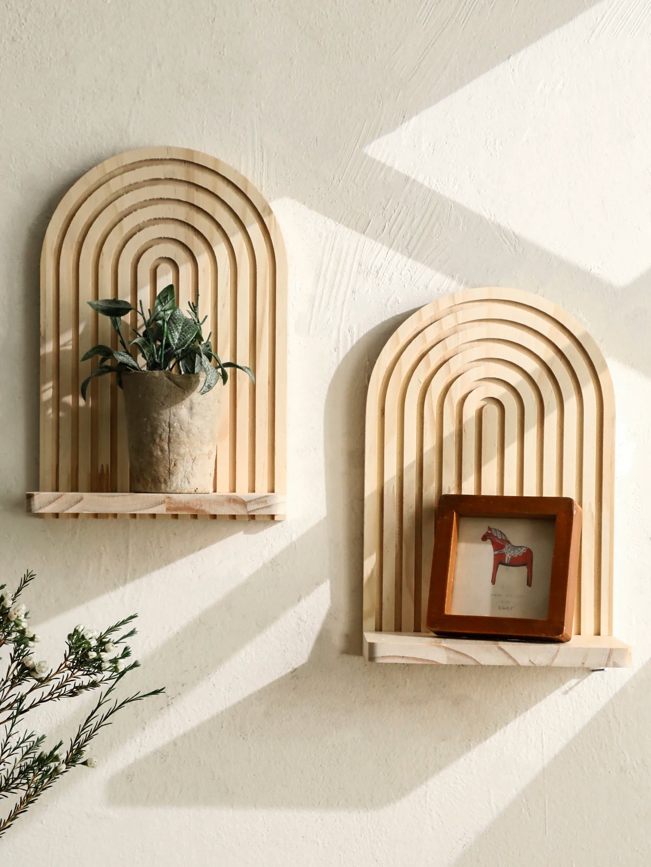 1pc Wooden Wall Shelves Boho Rustic Arch Floating Wall Mounted Shelf Plants Holder Vase Display Stand Home Decor Storage Rack