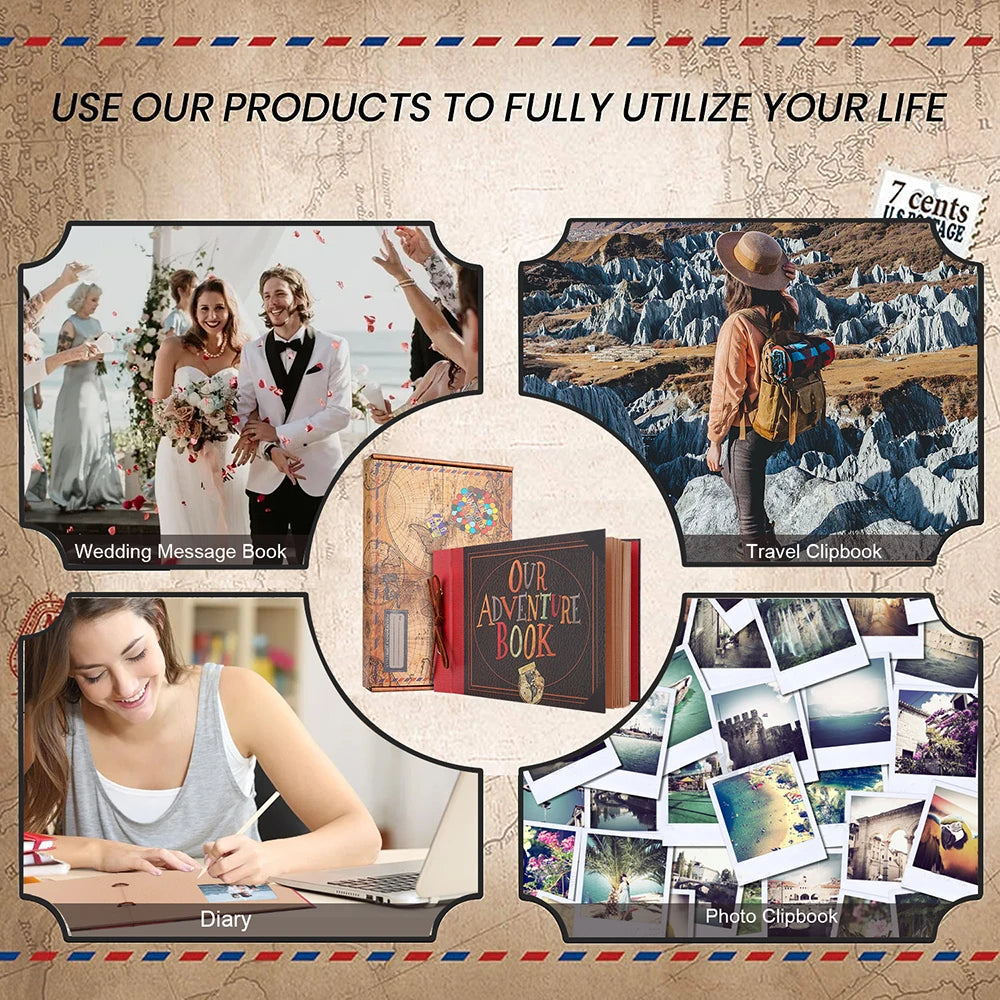 80 pages Our Adventure Book Scrapbook Photo Album 3d Retro Embossed Letter Hard Cover Friends Family Memo ry Book 11.9x7.6 Inch