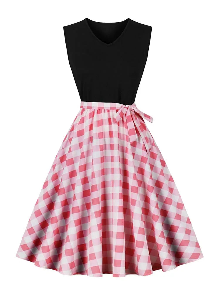 Retro Vintage Women's Summer Dress V-Neck Sleeveless High Waist Chic Floral Print with Belt 50s Style