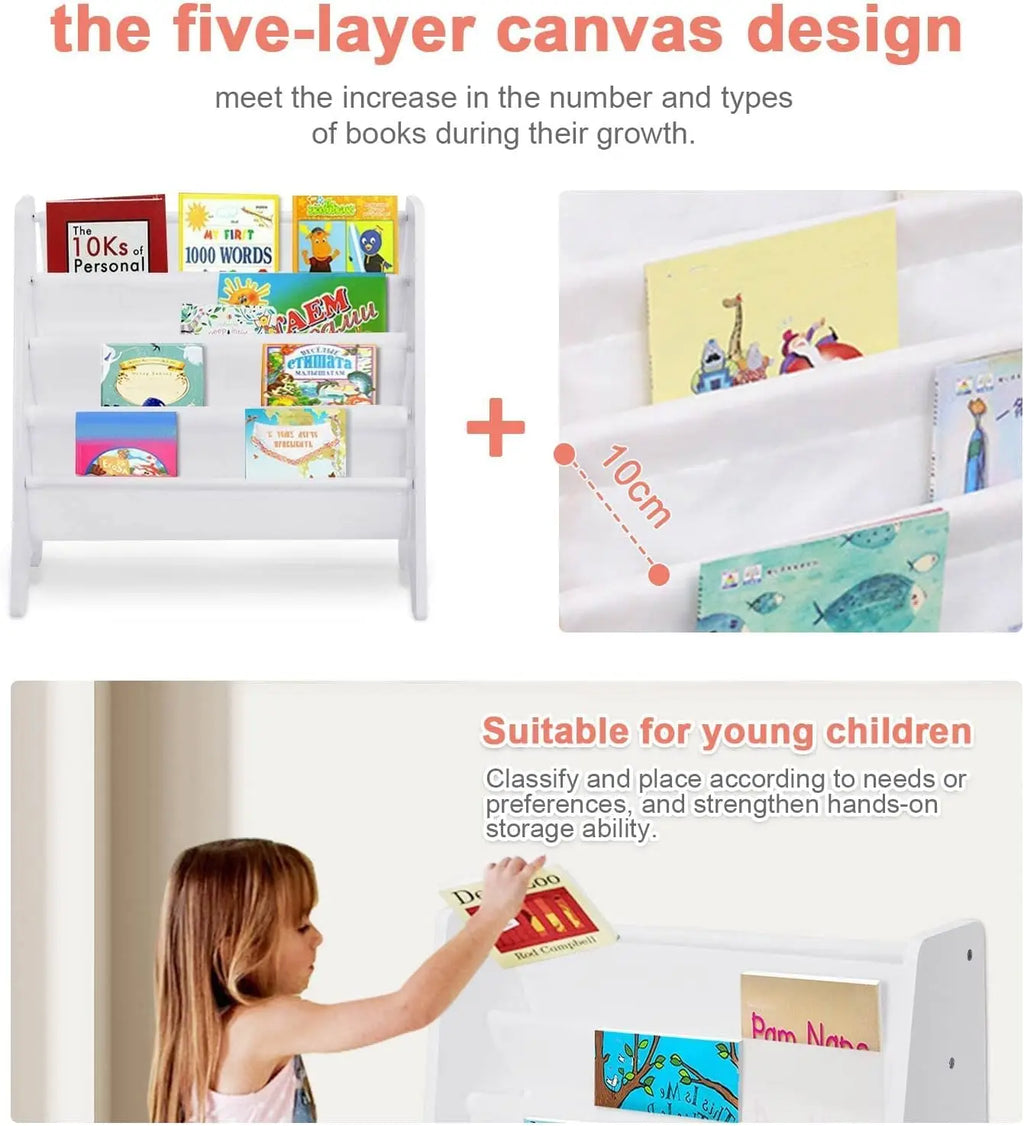 4 Tier Childrens Bookshelf Wooden White Kids Sling Storage Child Bookcase Shelf with Soft Canvas for Book Storage
