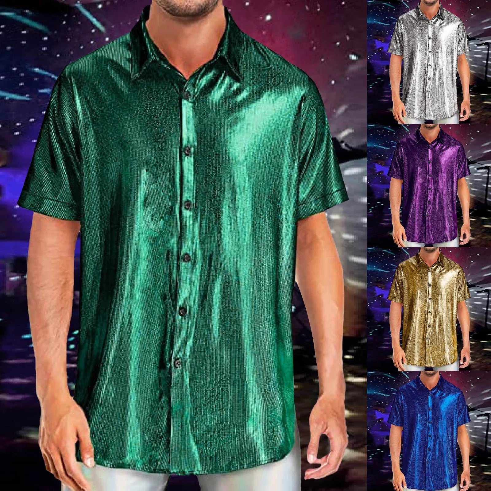 Mens Shiny Sequins Shirt Fashion Men's Performance Shirt Turn-Down Collar Short Sleeved Shirts For Club Party Disco Stage Show