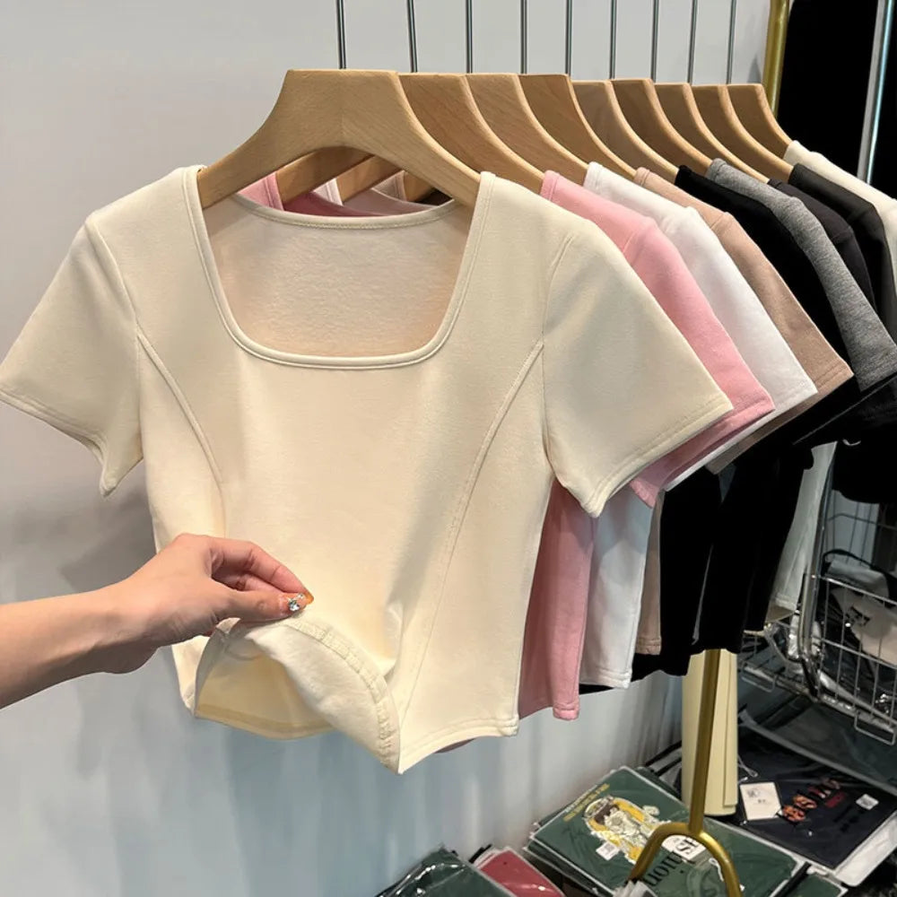 Fashion Summer Square Neck T-shirt Sweet Simplicity Slim Top Casual Trendy Short Top Female
