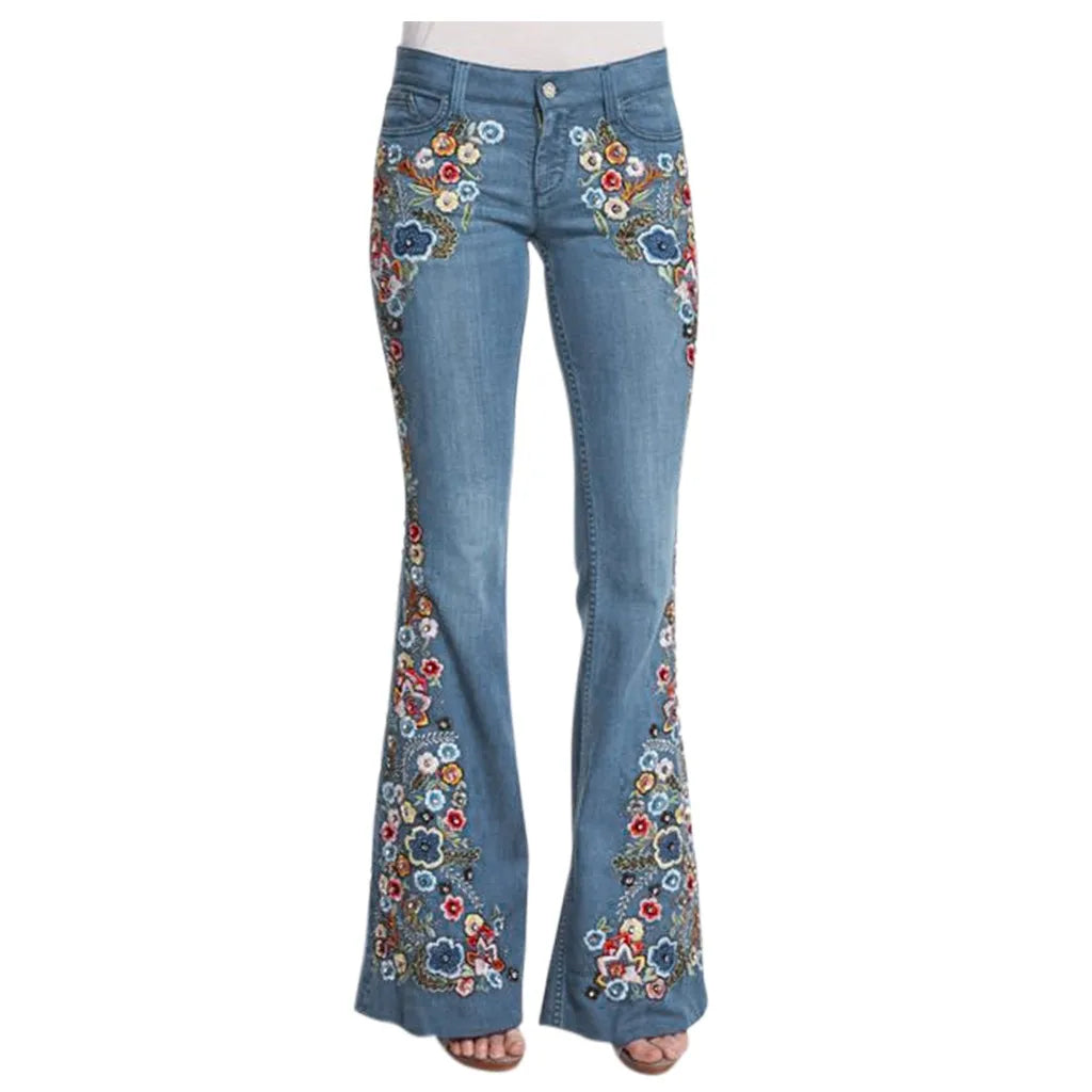 Women Retro Floral Embroidered Denim Flare Pants Distressed Straight Plus Size Trousers Elegant Women Palazzo Wide Leg Jeans