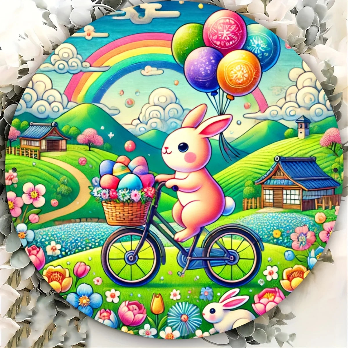 Vintage Bunny on Bicycle Aluminum Metal Sign - Round Easter Decor for Kitchen & Patio, Perfect for Home Decoration