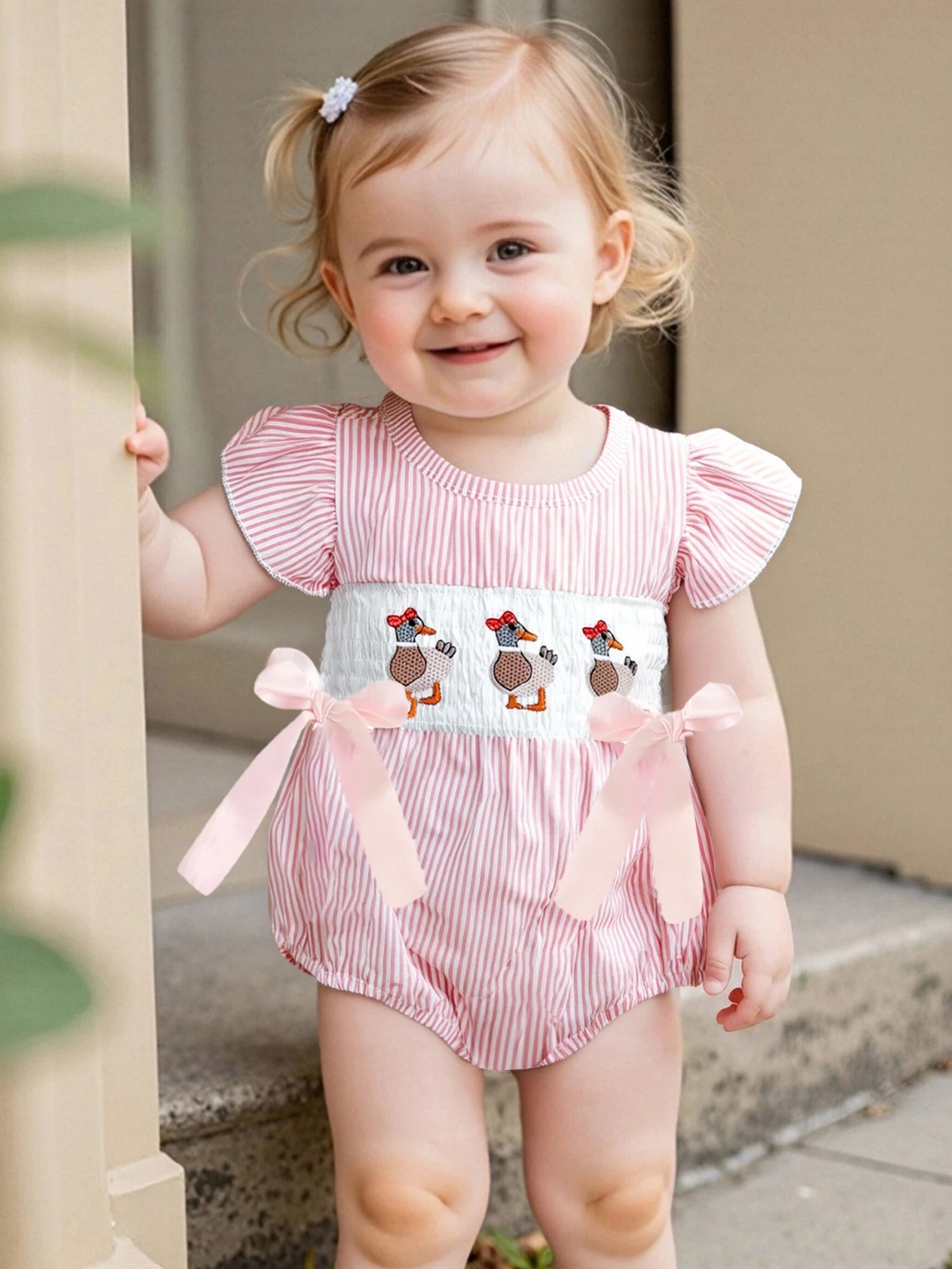 Cute Toddler Bunny Print Overall Dress with Ruffle Sleeves and Bow Detail for Baby Girls Easter Outfit