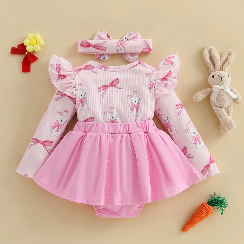 Adorable Baby Girls Easter Outfit Set with Bunny Embroidery Romper Dress Skirt Bodysuit Jumpsuit and Headband