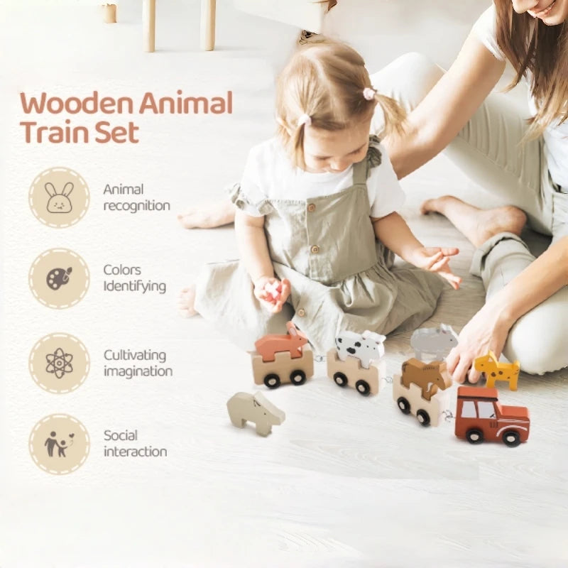 Colorful Wooden Push Train Toy with 6pcs Farm Animal Figurines Multiple And Functional Toy- Baby & Children's Gift Nursery Decor