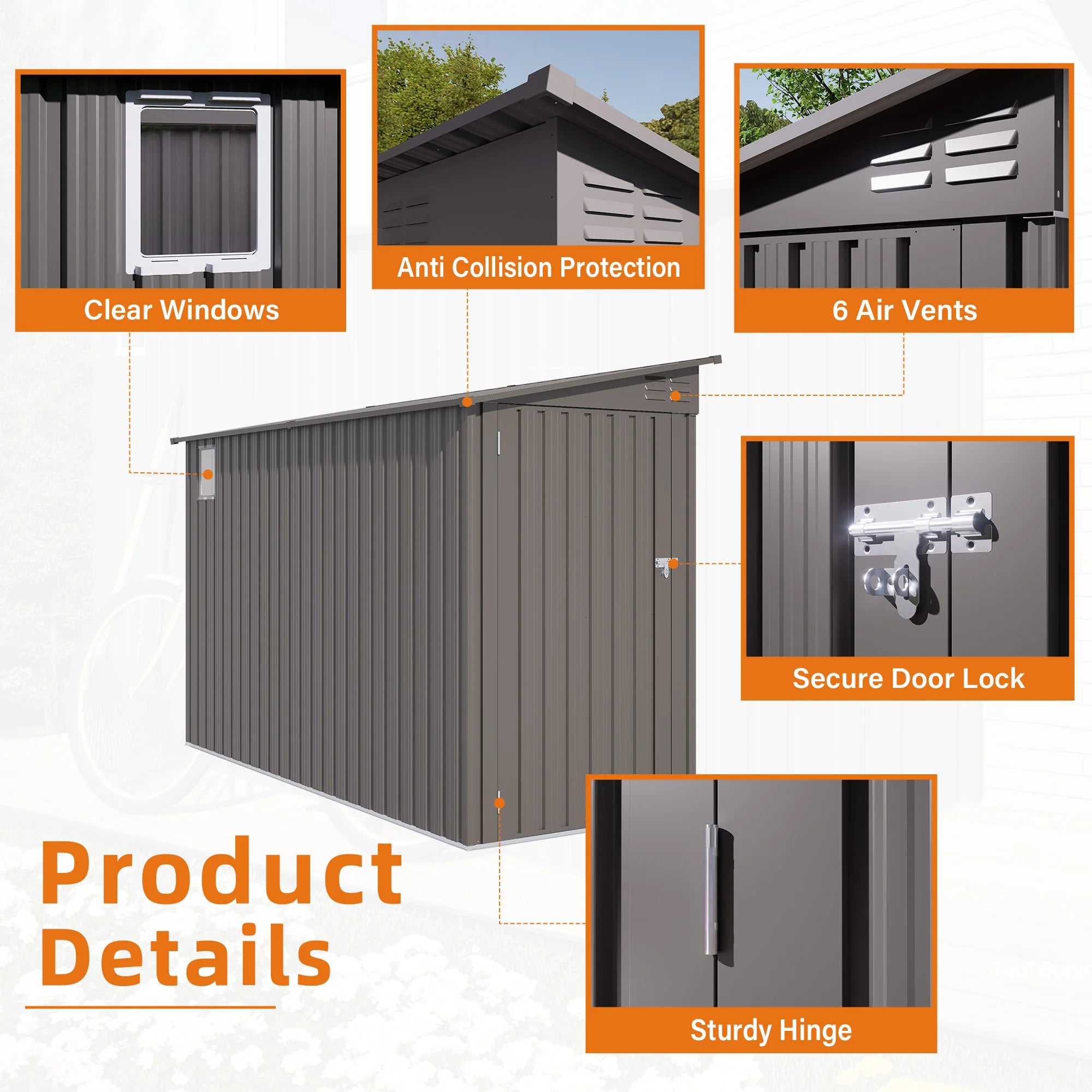 SUSUA 4 x 9 FT Outdoor Storage Shed, Metal Garden Shed Tool House with Sloping Roof,2 vents and 1 Side Open Door for Backyard