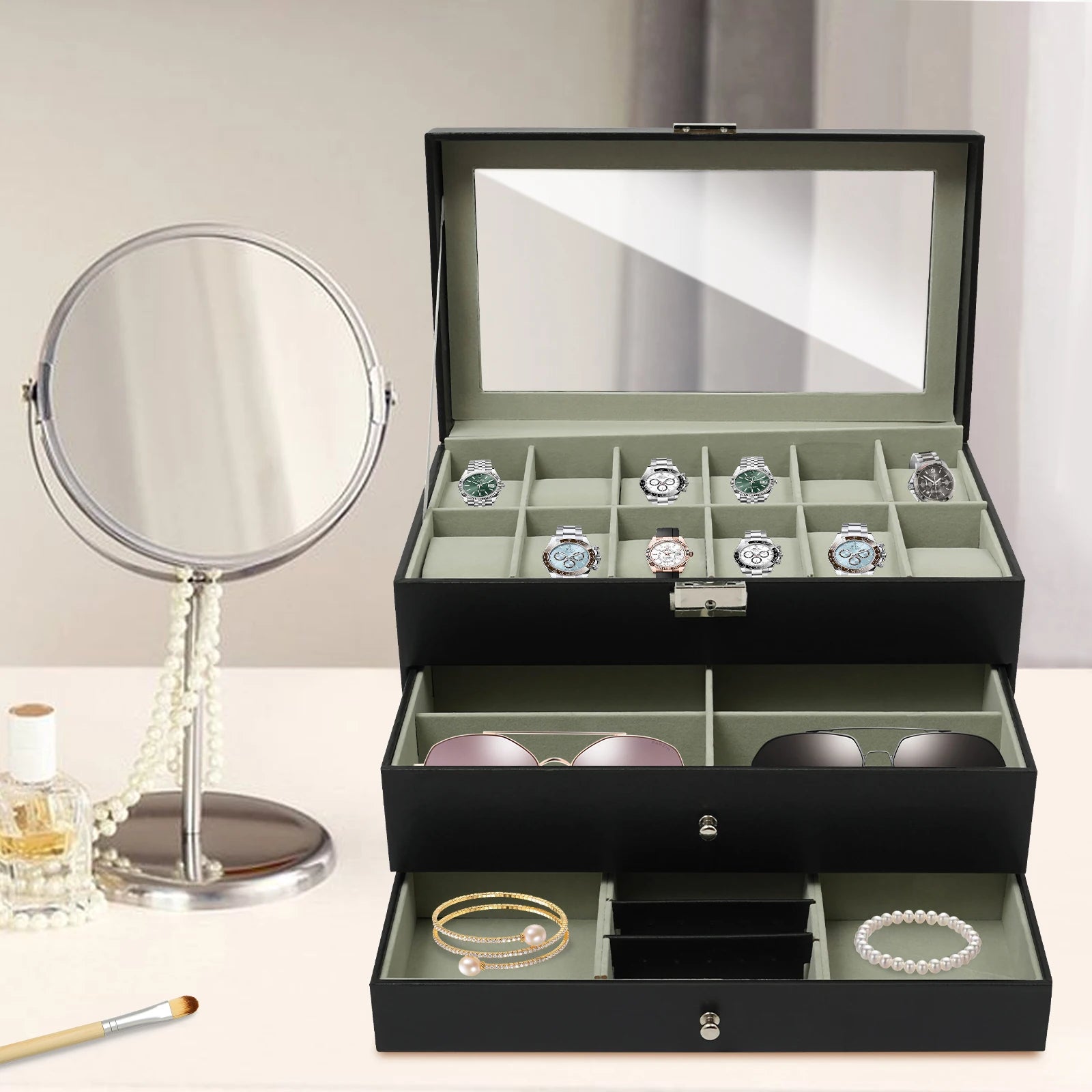 3 Tiers Jewelry Box Watch Display Case Display Desktop With Glass Top Jewelry Cabinet Storage Collection Organizer Black