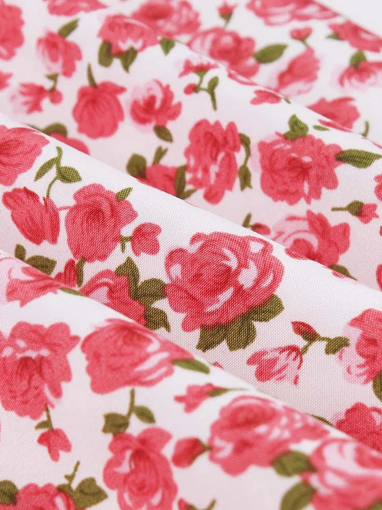 Retro Vintage Women's Summer Dress V-Neck Sleeveless High Waist Chic Floral Print with Belt 50s Style