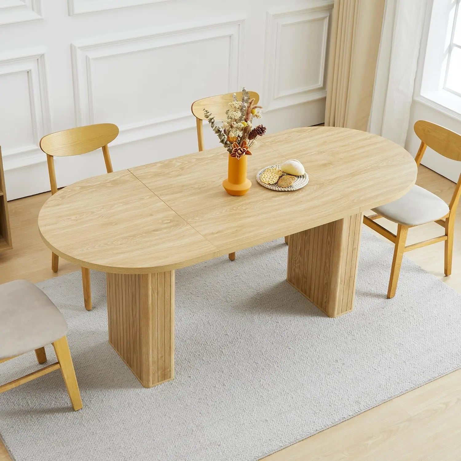 Extendable Dining Table 41-78in Seats 4-8 Round Expandable Kitchen Fluted Base Modern Oval Dining Room Living Room, Customized