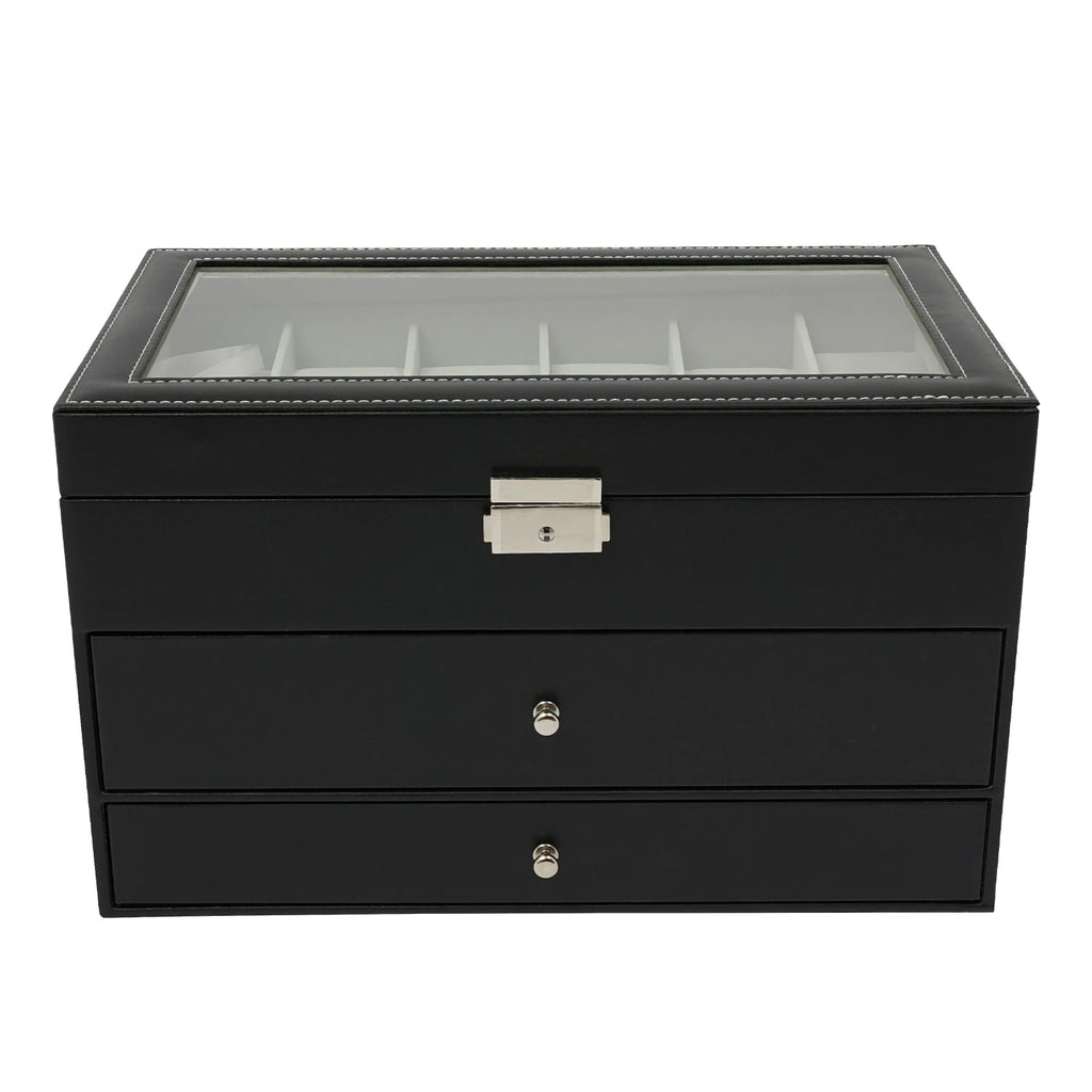 3 Tiers Jewelry Box Watch Display Case Display Desktop With Glass Top Jewelry Cabinet Storage Collection Organizer Black