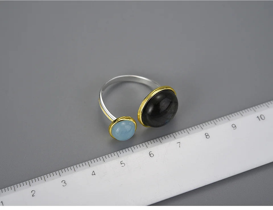 Lotus Fun Real 925 Sterling Silver Natural Labradorite Moonlight Gemstones Ring Fine Jewelry Mysterious Lake Rings for Women