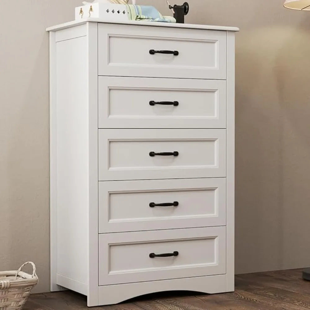 5-drawer dressing table, white wooden bedroom drawer cabinet, 43.3-inch large capacity storage cabinet with anti tipping device