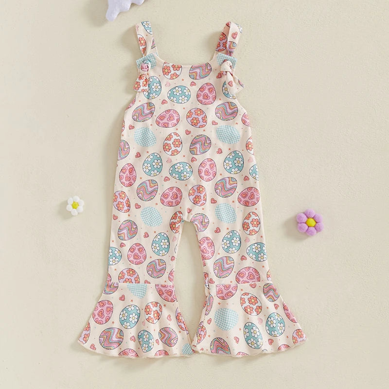 Toddler Easter Bunny Romper Sleeveless Jumpsuit with Egg Print Suspender Pants for Girls Spring Outfit Casual Wear