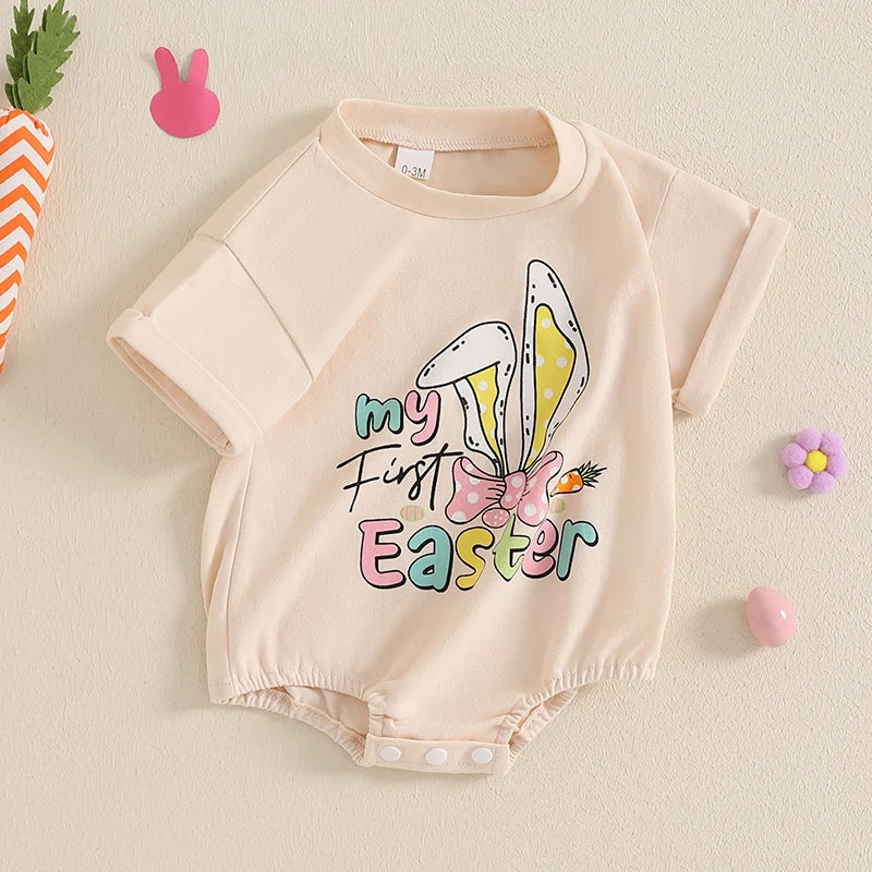 Infant Easter Jumpsuit Adorable Bunny Ears Pattern Short Sleeve Romper Newborn Bodysuit Spring Playsuit Loose Fit Bunny Outfit
