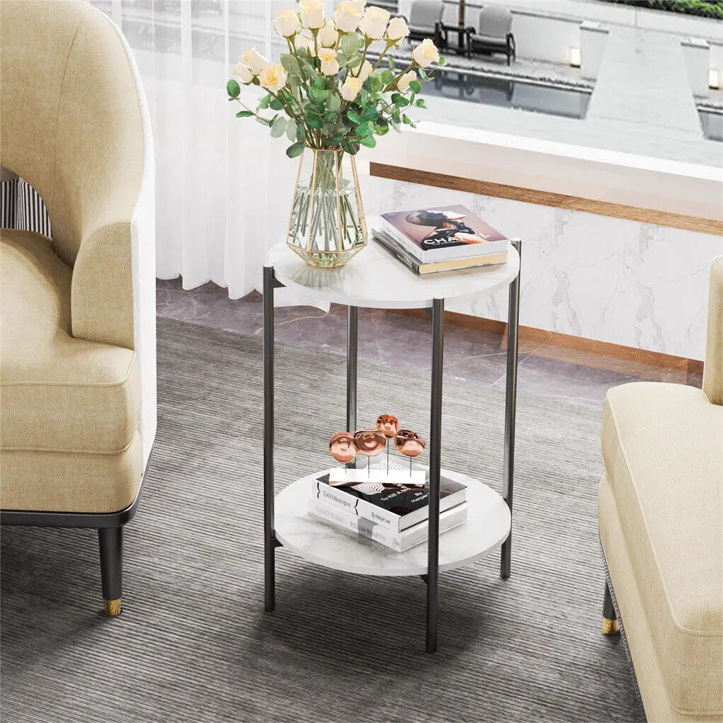 LUVODI 2-Tier Round Coffee End Tables Sofa Side Table Plant Stand with Storage Shelf Metal Frame for Living Room Bedroom