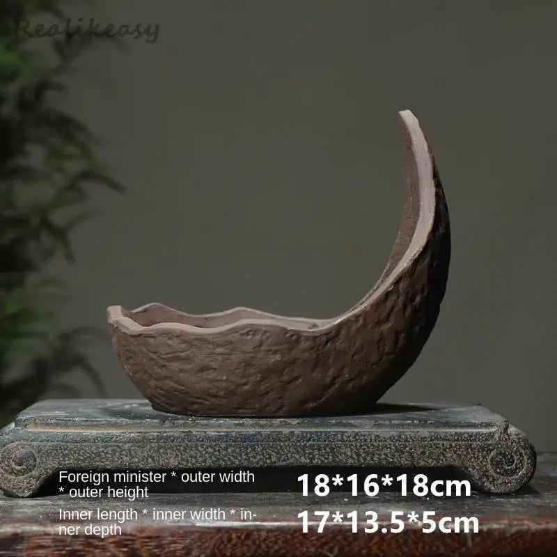 Chinese Purple Sand Flower Pot Creative Handmade Moon shaped Flower Pot Ceramic Bonsai Pot Home Desktop Decoration Pot 1PCSLE655