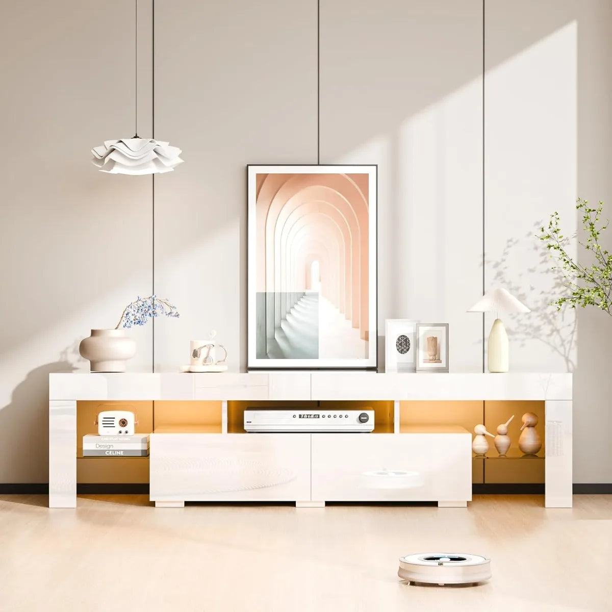 VINGLI LED TV Stand, 63'' High Glossy Modern Entertainment Center with LED Lights and Storage for 55/60/65/70 Inch TV - White