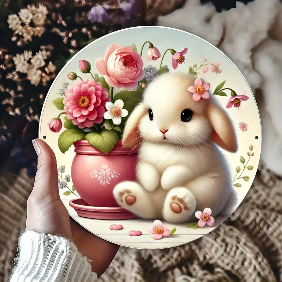 Rustic Easter Bunny Basket Wreath Aluminum Sign - Metal Plaque for Home Decor, Artistic Craft & Scrapbooking Supplies