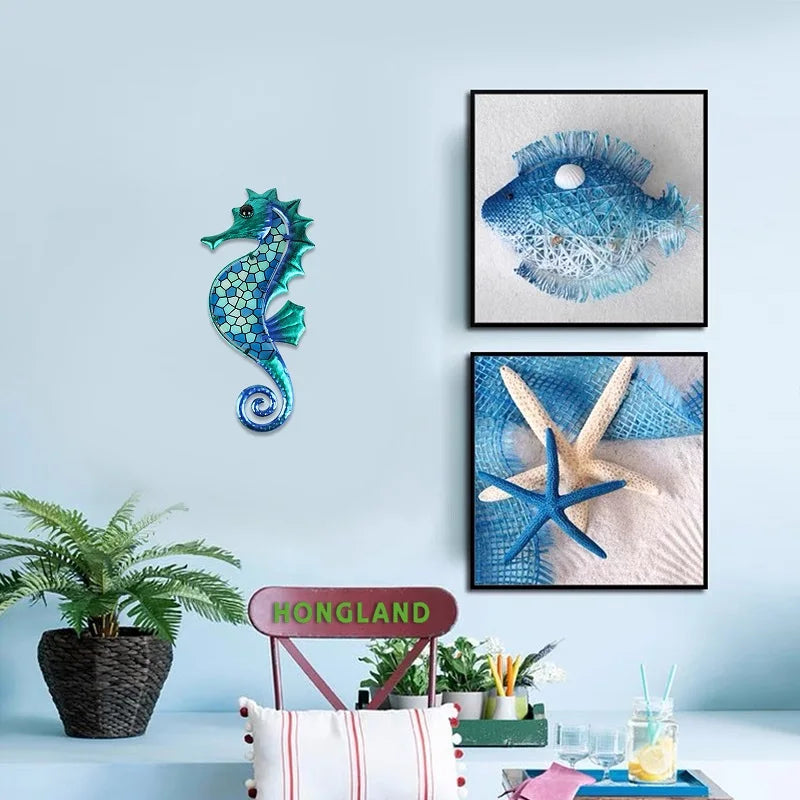 Metal Blue Mosaic Seahorse Wall Decor for Garden Decorations Outdoor Sculpture Statue of Patio Yard Living Room
