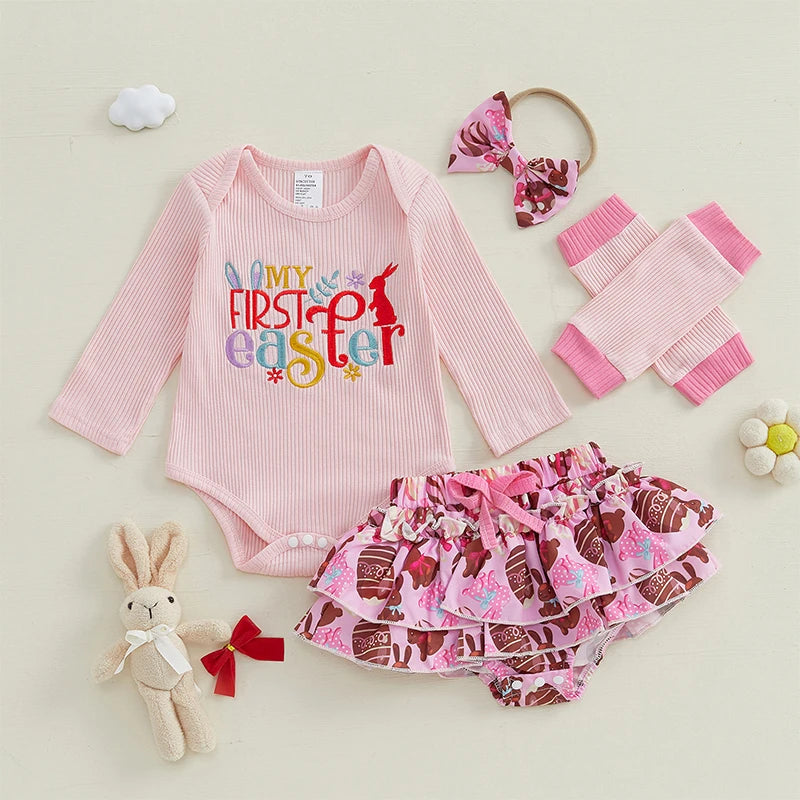 Toddler Easter Dress Bunny Print Short Sleeve Romper Tutu Skirt Headband Leggings Set for Baby Girls 0-24 Months
