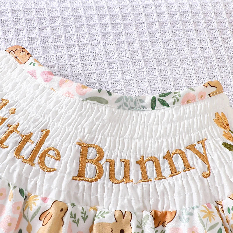 Adorable Infant Easter Jumpsuit with Cute Bunny Embroidery Short Sleeves Round Neck and Matching Bow Headband