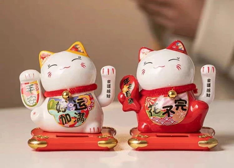 4.3 Inch Solar Powered Waving Ceramic Maneki-neko Lucky Beckoning Cat for Wealth Fortune, Home Office Decor, Gift for Prosperity