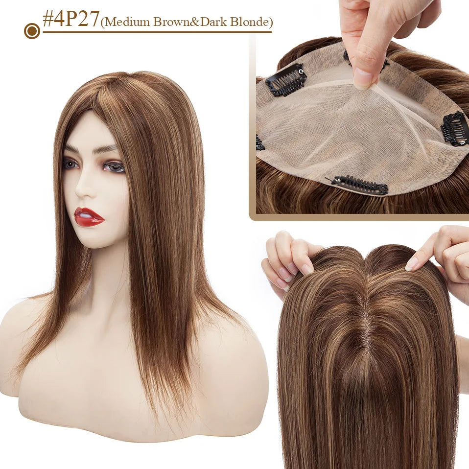 S-noilite 15x16cm Silk Top Hair Toppers Human Hair Silk Base Scalp Topper Wigs 5 Clips In Hair Extension Natutal Hair Piece