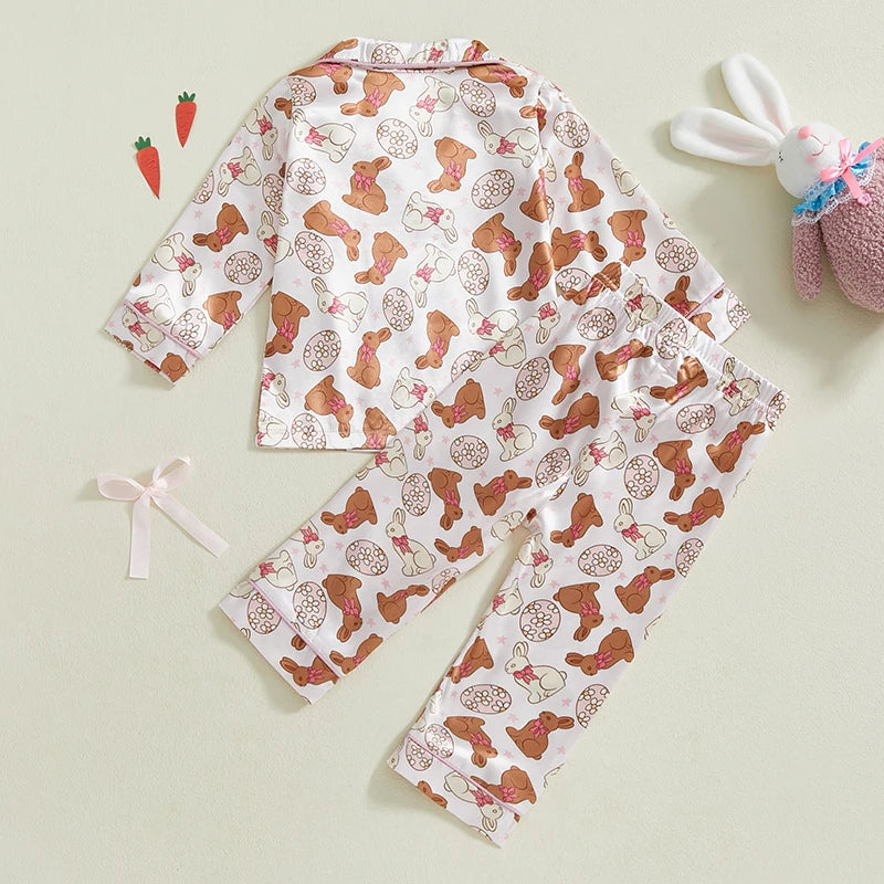 Toddler Girl Easter Satin Pajama Set with Bunny and Carrot Print Long Sleeve Button-up Tops and Pants Sleepwear Outfit 2 Piece
