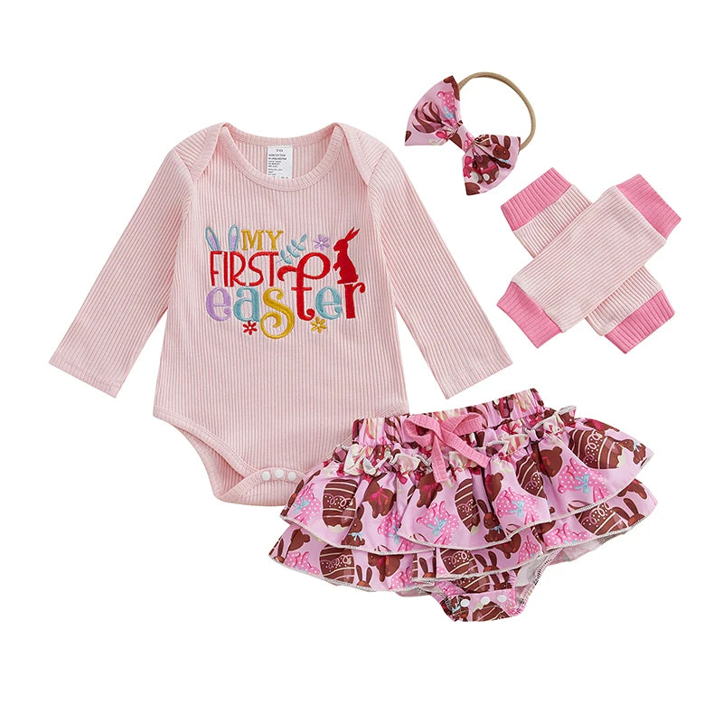Toddler Easter Dress Bunny Print Short Sleeve Romper Tutu Skirt Headband Leggings Set for Baby Girls 0-24 Months